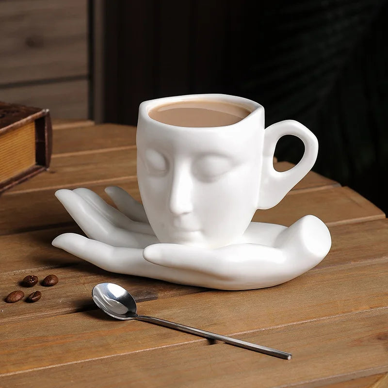 Abstract Face Ceramic Mug Set – Electroplated Coffee Cups with Artistic Design