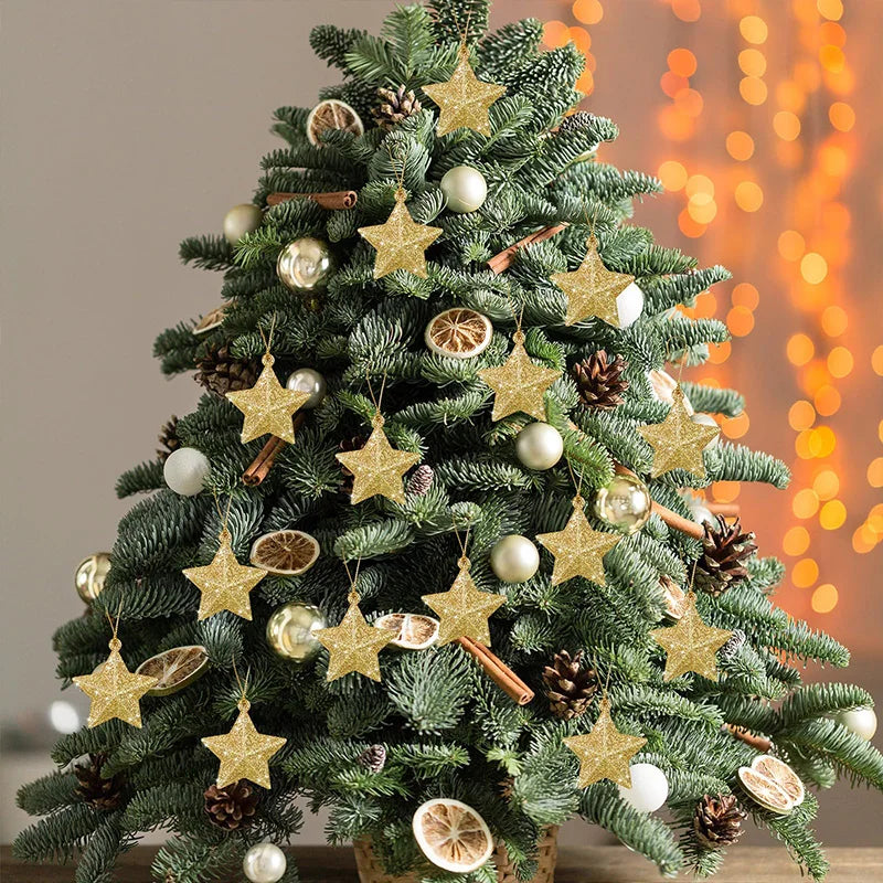 ⭐✨ Gold Glitter Star Ornaments – Christmas Tree Pendants | Festive Plastic Decorations for Holiday Parties & Navidad 2026 ✨⭐