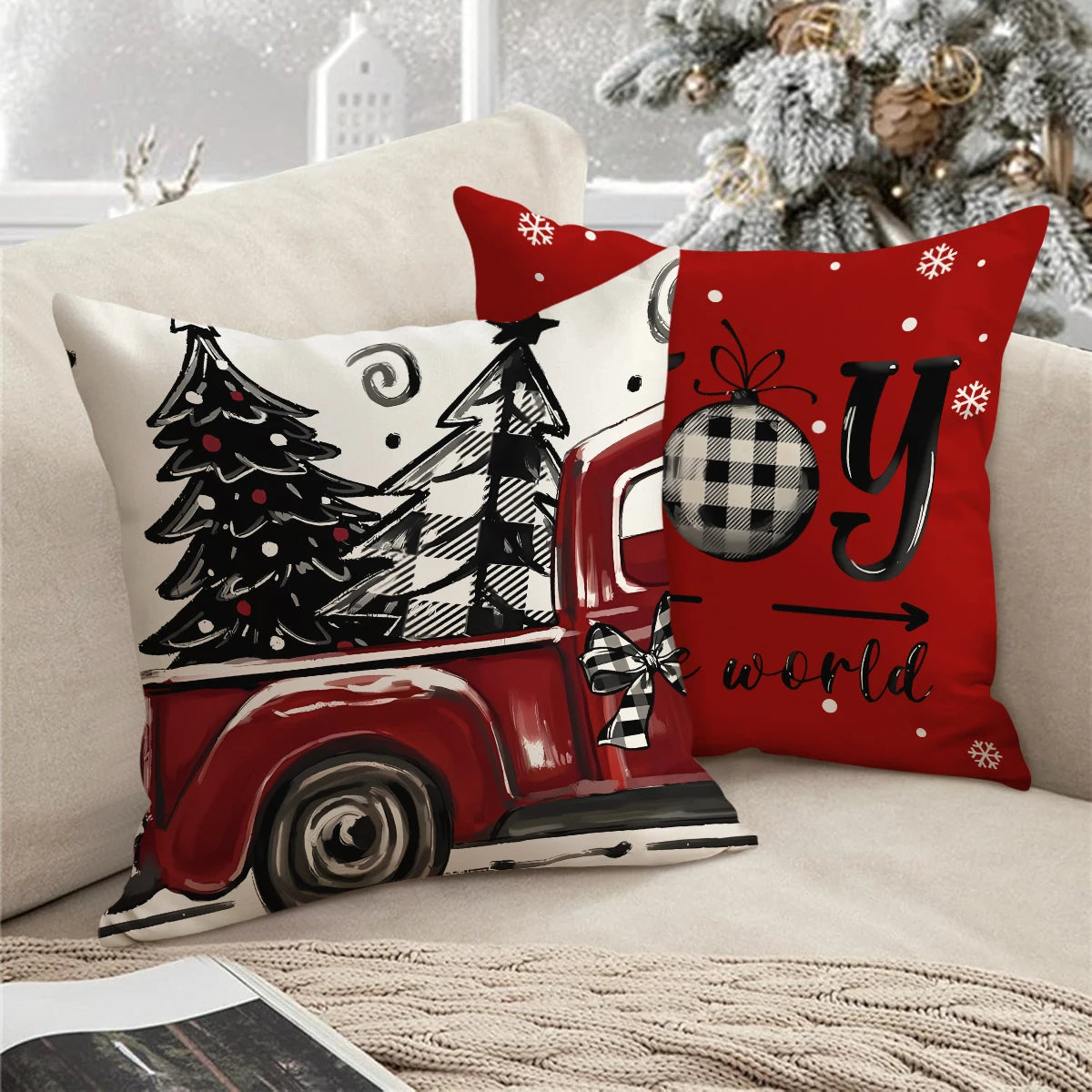 ❄️Red Snowflake & Letter Printed Christmas Pillow Covers (1/4pcs) - Festive Holiday Cushion Decor 🎄