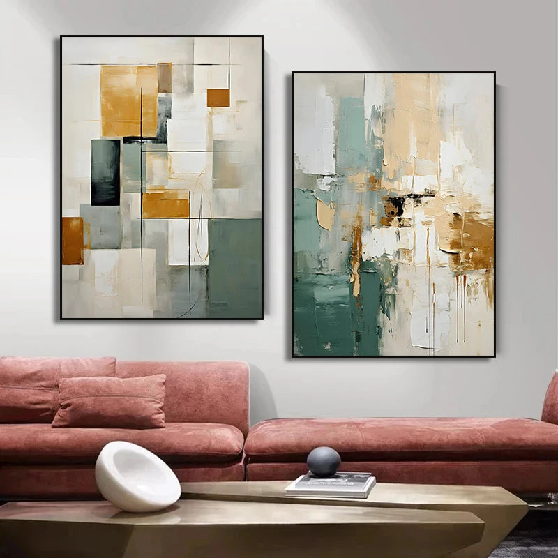 Earthy Green Abstract Canvas – Minimalist Geometric Texture Wall Art