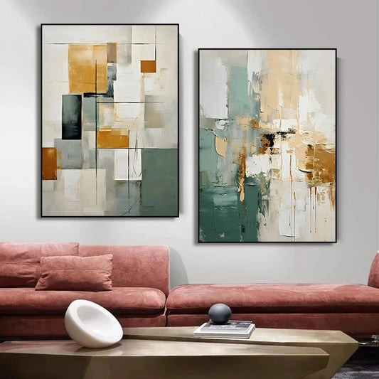 Earthy Green Abstract Canvas – Minimalist Geometric Texture Wall Art
