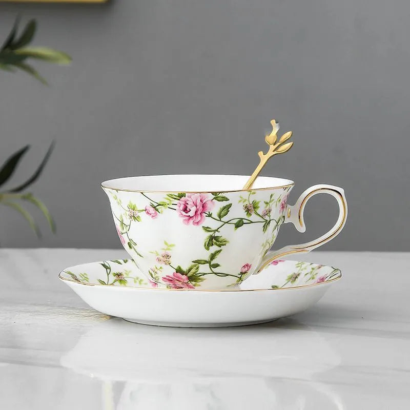 Ceramic Coffee Cup, Saucer & Spoon Set – European Porcelain Mug with Flower Design, Coffee & Tea Gift Set