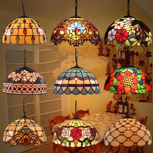 🍷 European-Style Vintage Tiffany Glass Chandelier ✨ | Creative Country-Style Glass Lantern for Bar, Restaurant & Home Decor 🏡