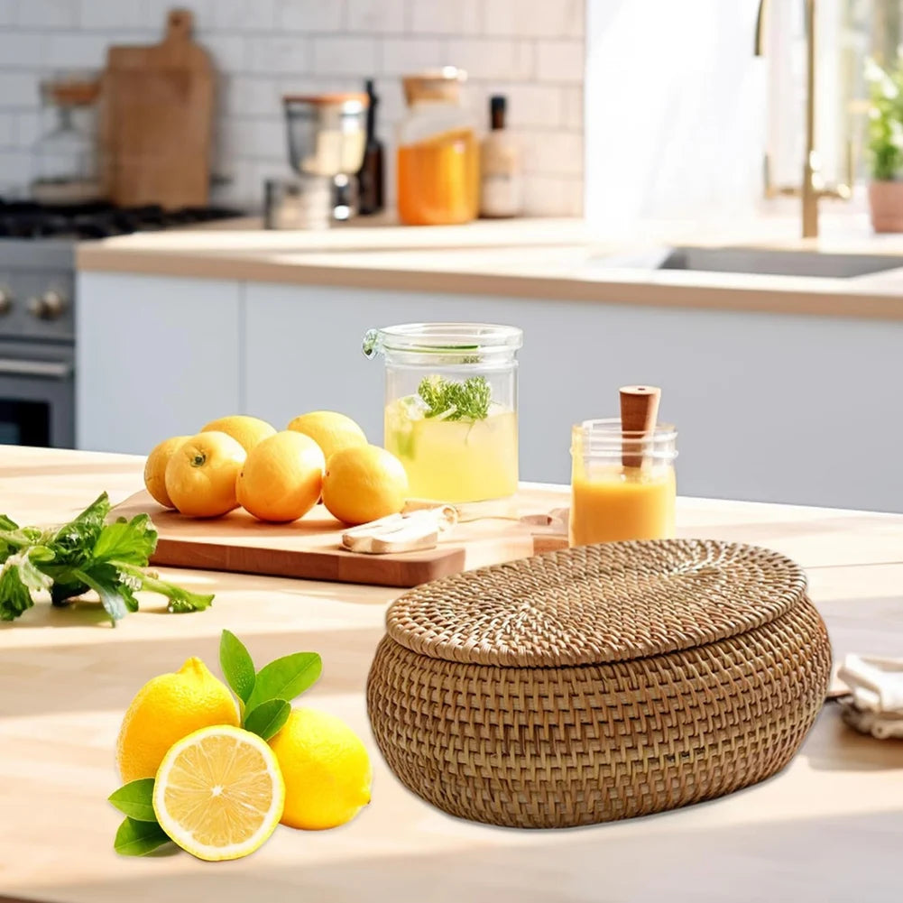 Handmade Rattan Organizer Box – Round Decorative Basket with Lid for Stylish Storage