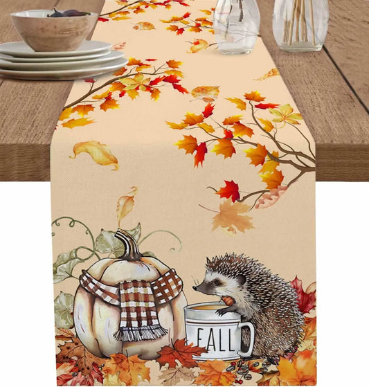 🦔🎃 Festive Fall Linen Table Runner for Thanksgiving 🍁