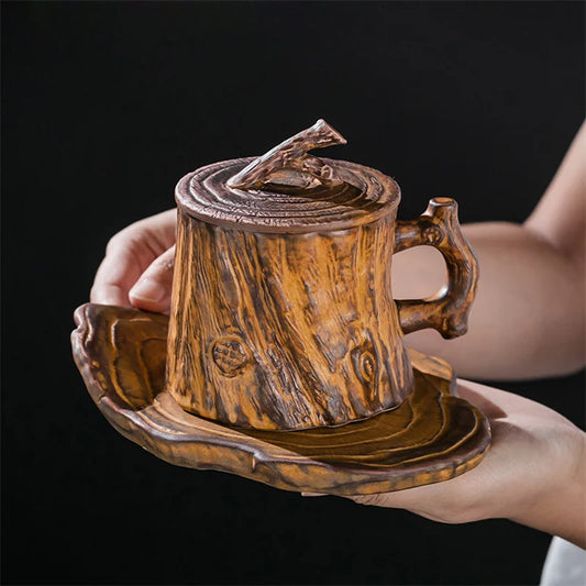 Vintage Tree Stump Ceramic Mug – Wood Texture Coffee Cup with Handle & Lid
