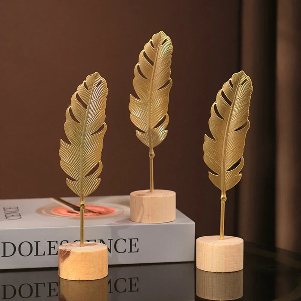 Golden Leaf & Feather Metal Figurines