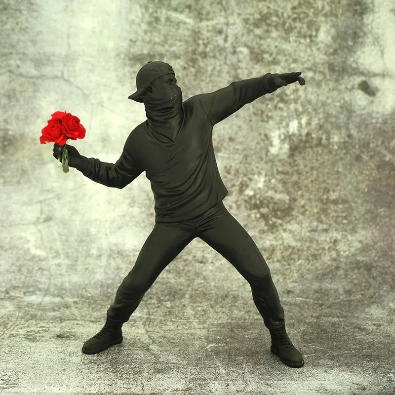 Modern Banksy-Inspired Flower Thrower Resin Sculpture – Designer Figurine for Living Room & Home Décor