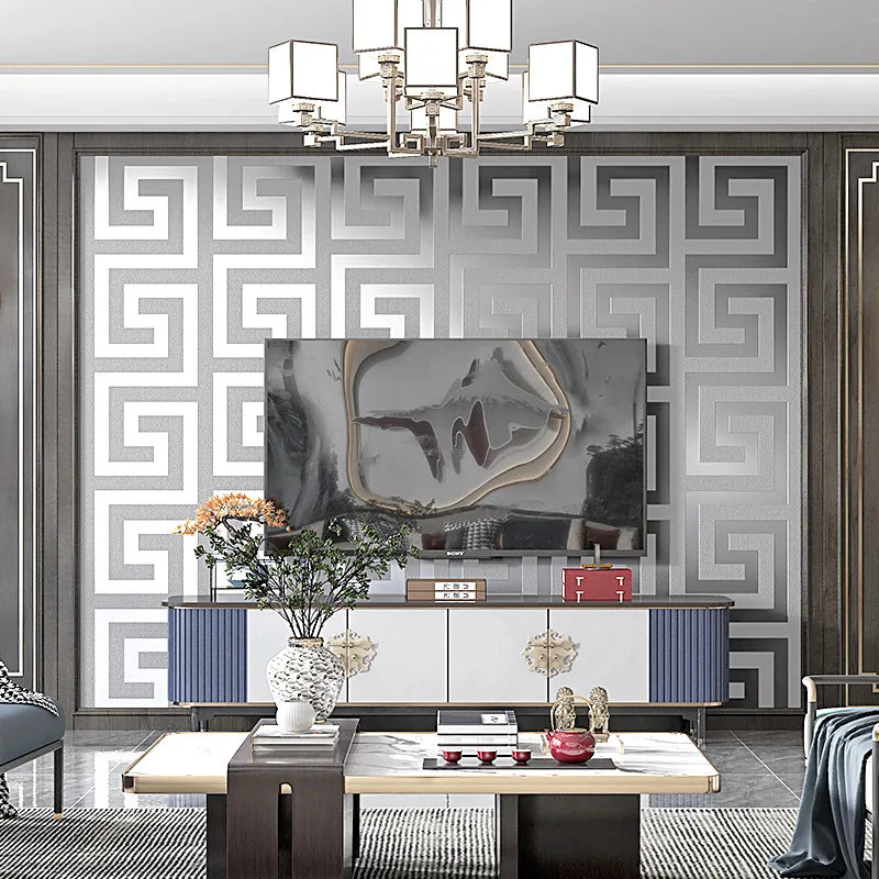 Greek Key Geometric Wallpaper – Modern PVC Waterproof Wall Decor for Bathroom, Hotel & Study