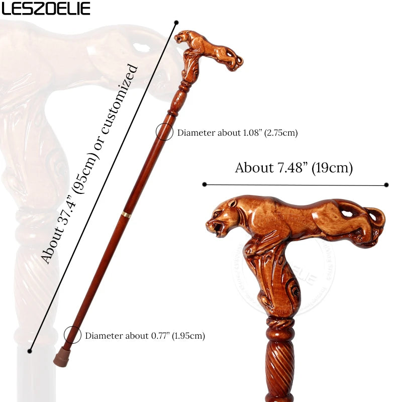 95cm Wooden Walking Stick –  Beech Cane with Leopard, Eagle-Head, Owl Handle – Fashionable Canes for Men & Women, Christmas Gift