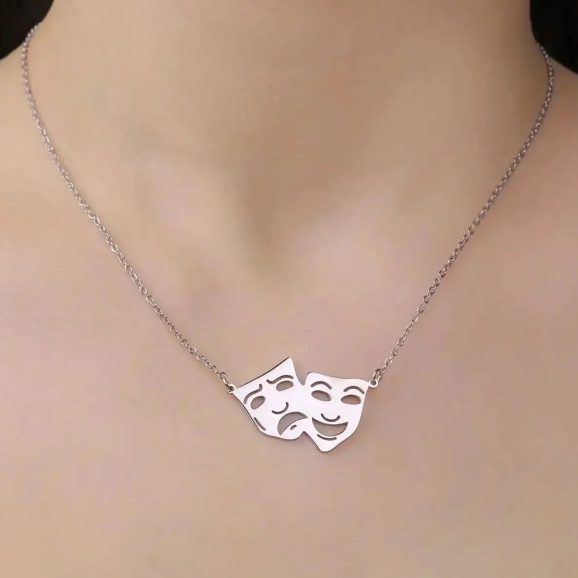 Greek Theater Masks Necklace – Comedy and Tragedy Stainless Steel Jewelry
