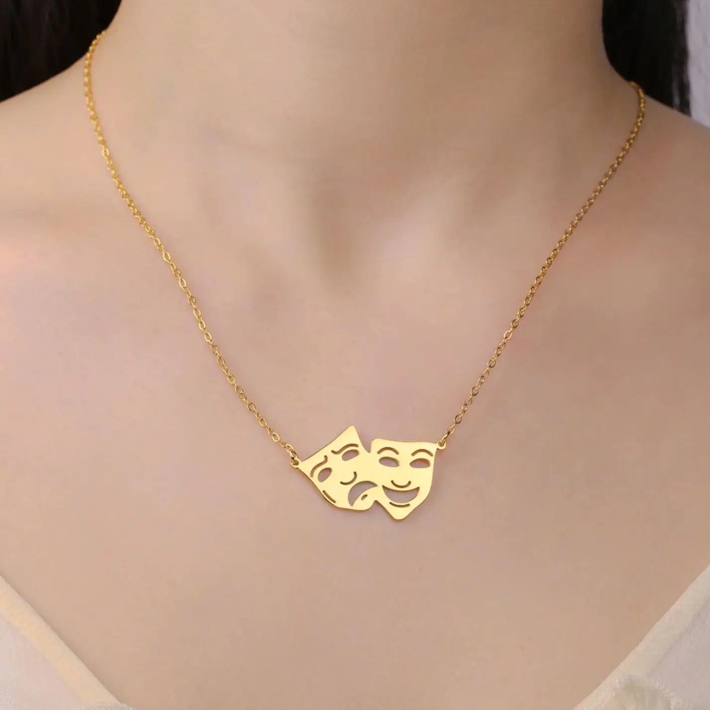 Greek Theater Masks Necklace – Comedy and Tragedy Stainless Steel Jewelry
