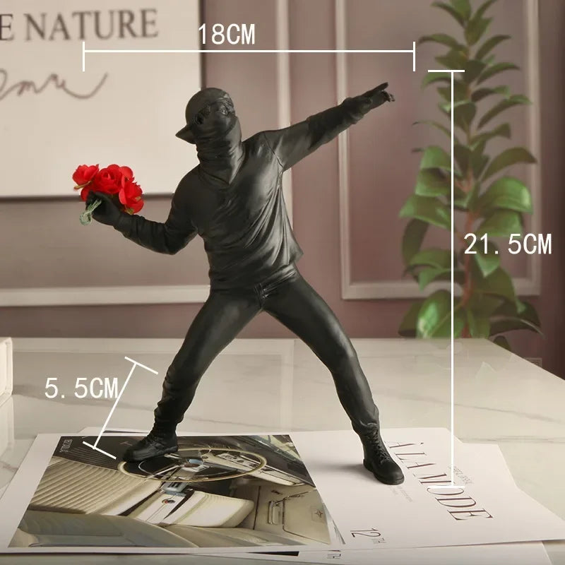 Modern Banksy-Inspired Flower Thrower Resin Sculpture – Designer Figurine for Living Room & Home Décor