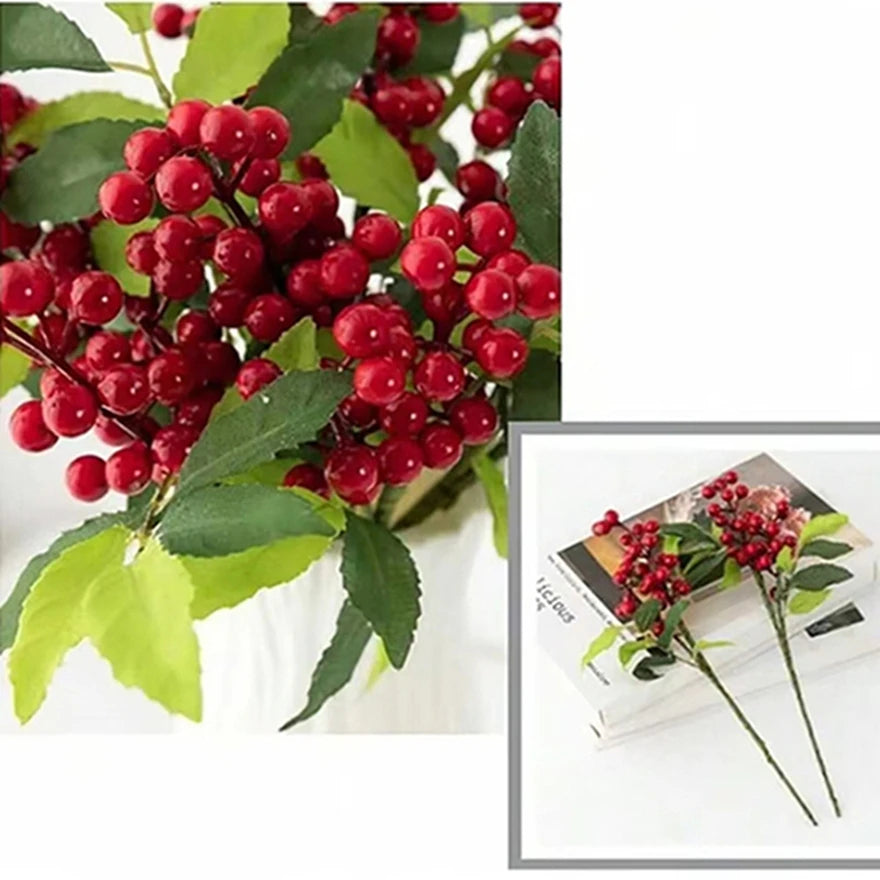 Artificial Holly Red Berry Branches (5/10 Pcs) 🌿 | Christmas, Wedding & Home Table Decor | PVC Faux Plants