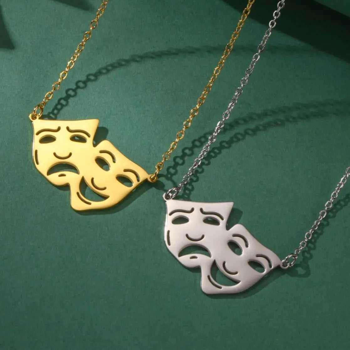 Greek Theater Masks Necklace – Comedy and Tragedy Stainless Steel Jewelry