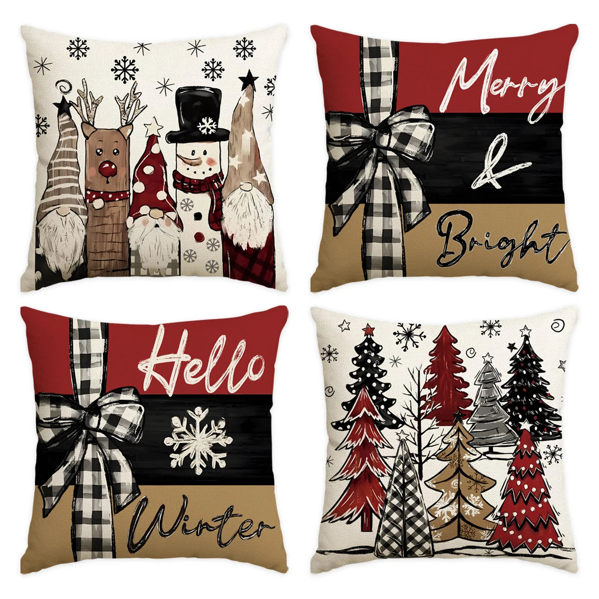 ❄️Red Snowflake & Letter Printed Christmas Pillow Covers (1/4pcs) - Festive Holiday Cushion Decor 🎄