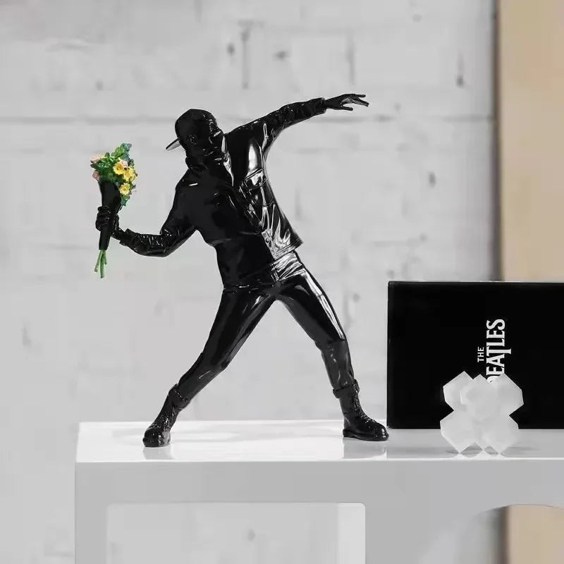 Modern Banksy-Inspired Flower Thrower Resin Sculpture – Designer Figurine for Living Room & Home Décor