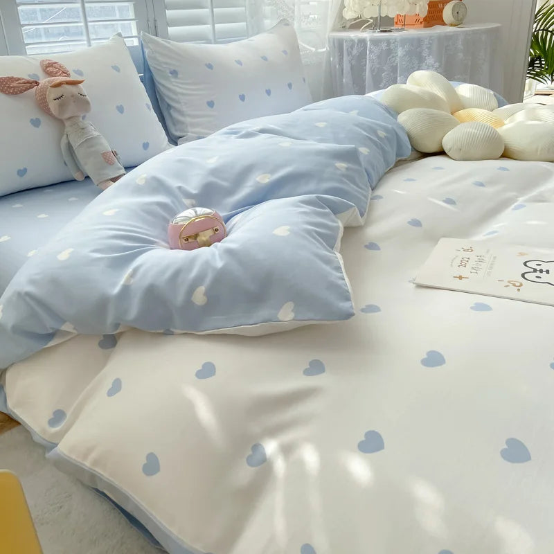 Ins Blue Love Heart Bedding Set – Soft Bed Sheet, Pillowcase & Duvet Cover for Women & Girls, Twin/Full/Queen