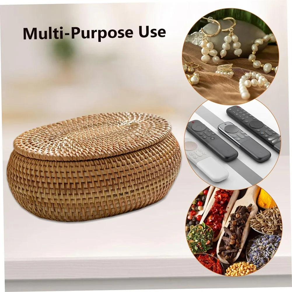 Handmade Rattan Organizer Box – Round Decorative Basket with Lid for Stylish Storage
