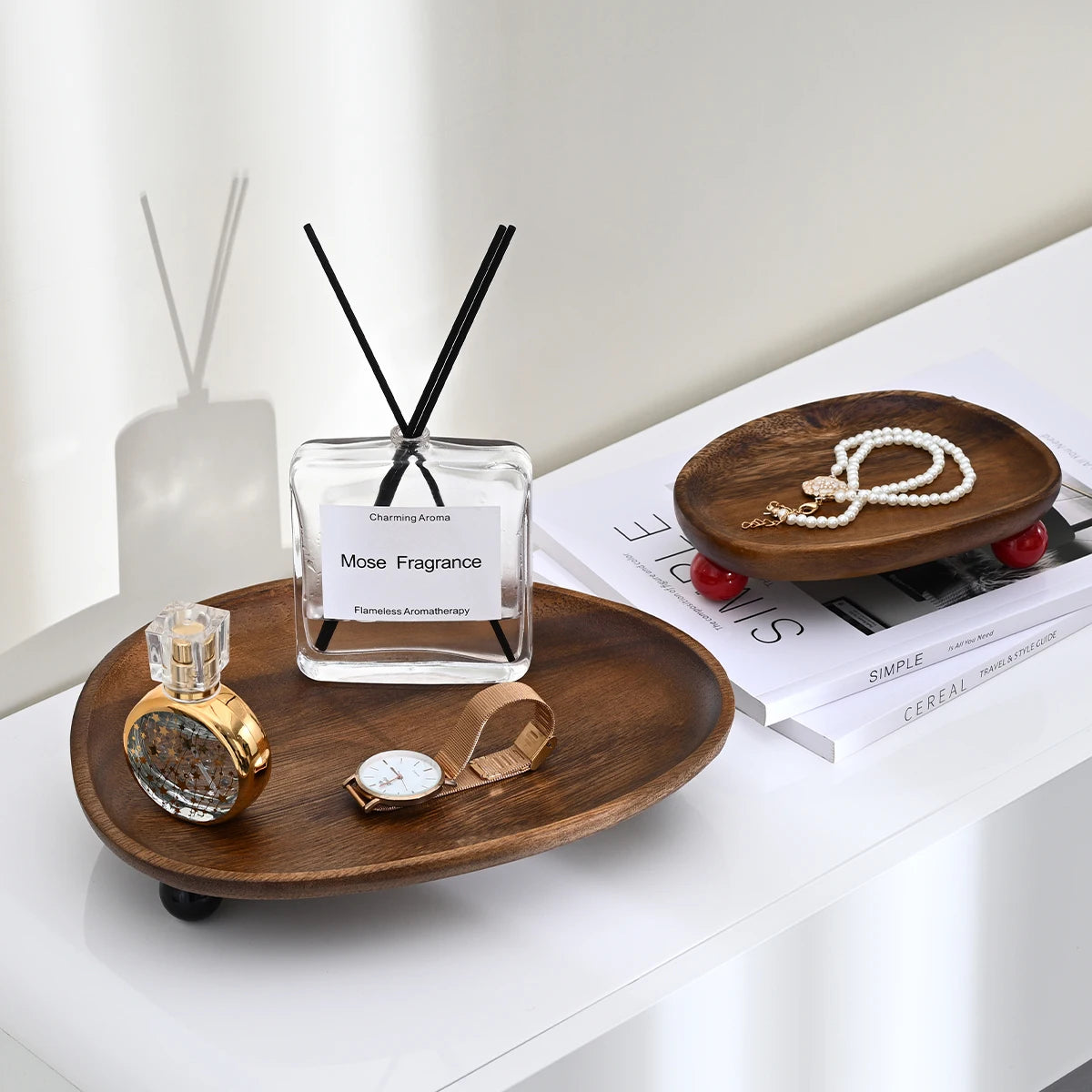 1Pc Wooden Tray – Walnut Color Key, Jewelry & Cosmetic Organizer for Entrance, Perfume & Aromatherapy"