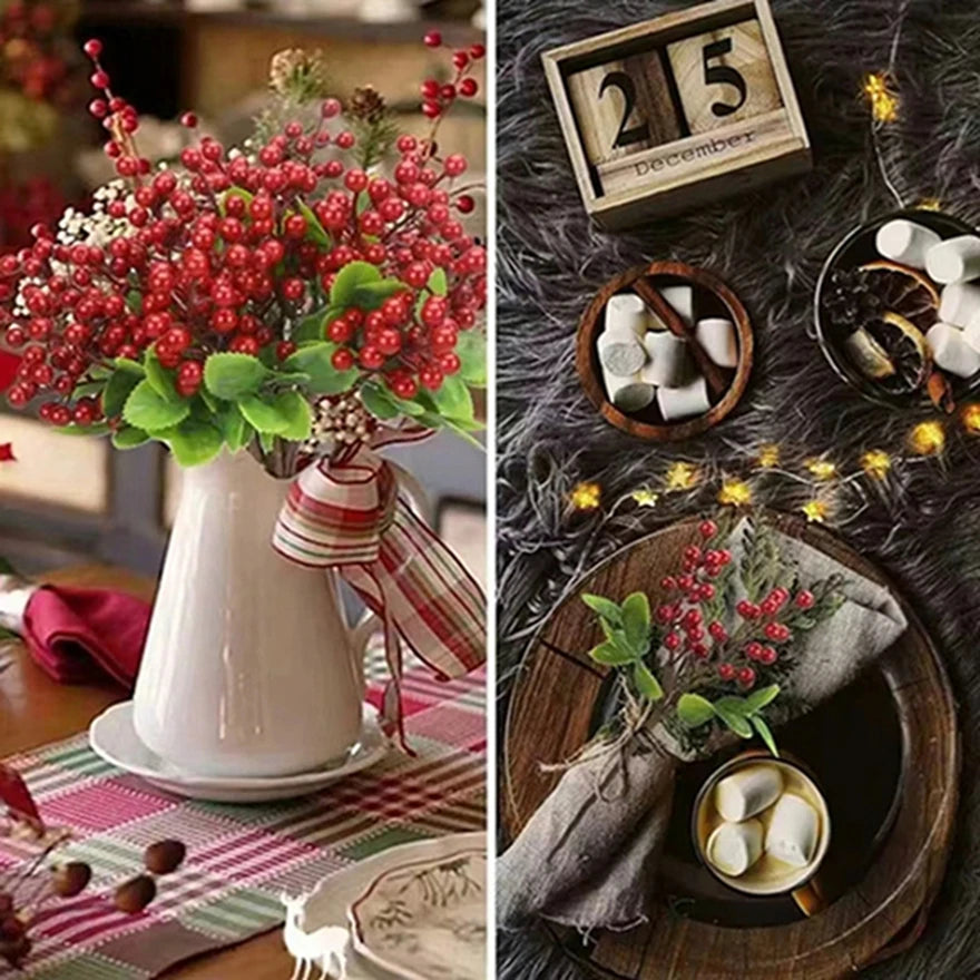 Artificial Holly Red Berry Branches (5/10 Pcs) 🌿 | Christmas, Wedding & Home Table Decor | PVC Faux Plants