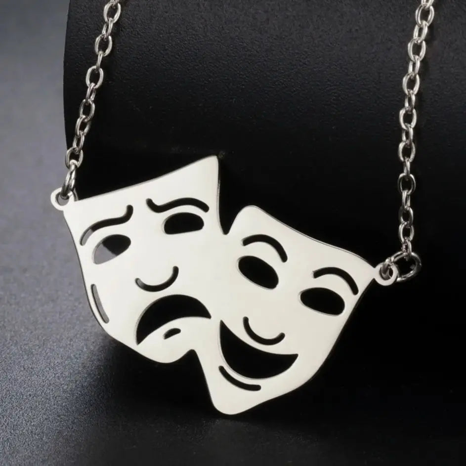Greek Theater Masks Necklace – Comedy and Tragedy Stainless Steel Jewelry