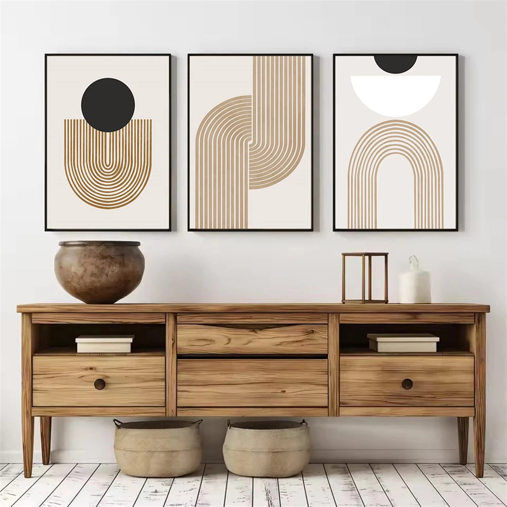 Neutral Tones Geometric Lines Poster – Black & Beige Canvas Art for Interior Decoration