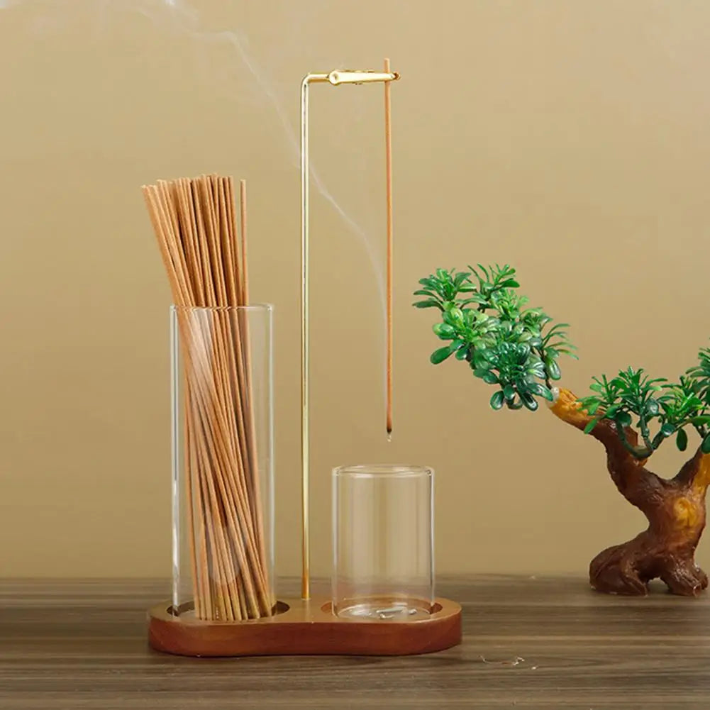 Glass Incense Stick Holder with Wooden Base – Heat-Resistant Ash Catcher for Home