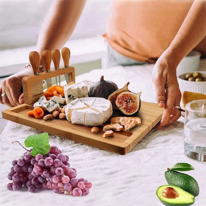 Large Bamboo Cheese Board Set – Wooden Serving Tray with 4 Knives & Cutting Board