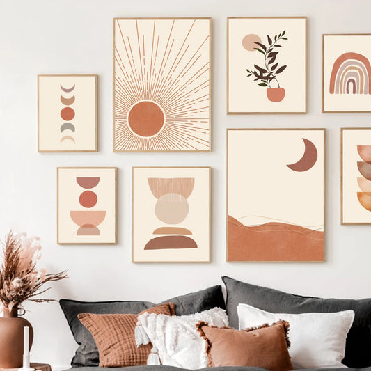 🖼️ Sun Moon Rainbow Leaf Geometry Wall Art – Abstract Canvas Prints for Bedroom & Living Room Decor