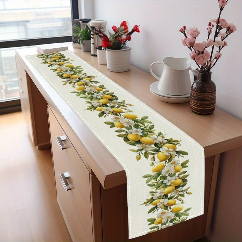 Spring Lemons & Flowers Linen Table Runner – Seasonal Summer Holiday Decor for Kitchen & Dining Table