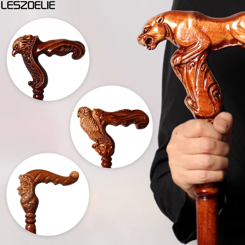 95cm Wooden Walking Stick –  Beech Cane with Leopard, Eagle-Head, Owl Handle – Fashionable Canes for Men & Women, Christmas Gift