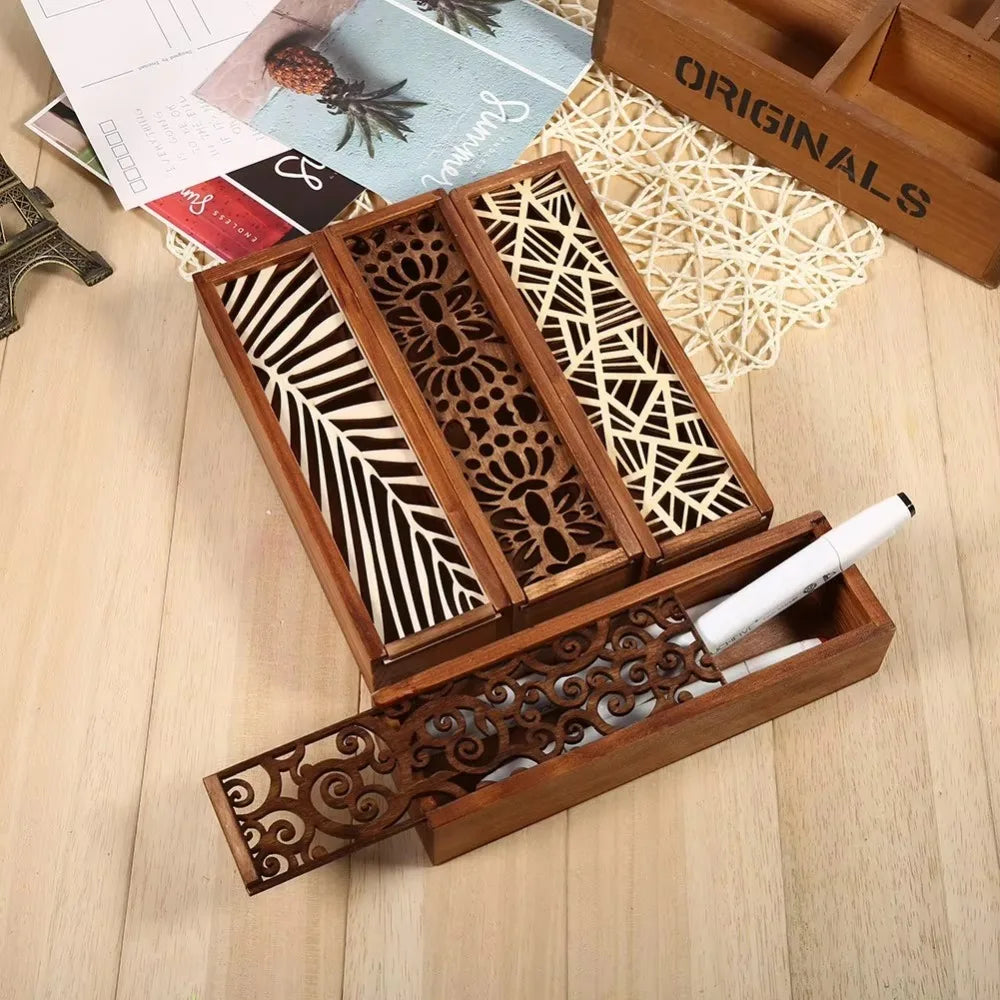 🏷️ Product Title:  Portable Wooden Pencil Box – Hollow Retro Multifunctional Stationery Case – Durable Desk Organizer & Storage Accessory