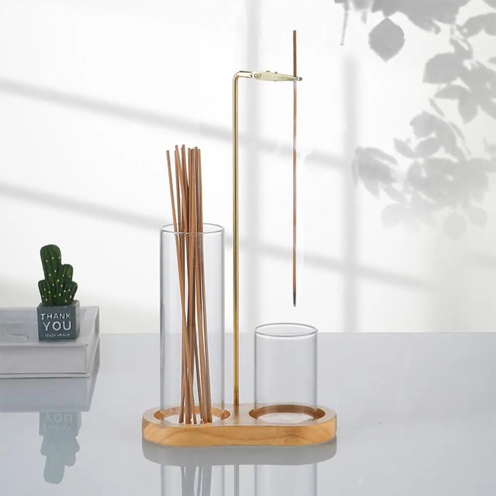 Glass Incense Stick Holder with Wooden Base – Heat-Resistant Ash Catcher for Home