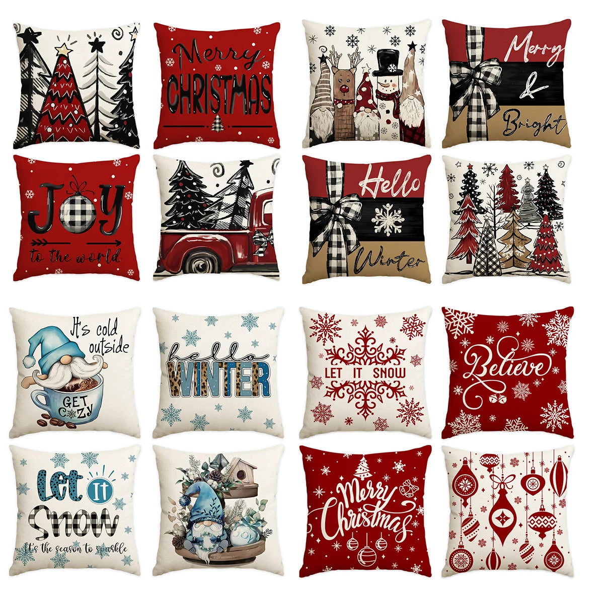 ❄️Red Snowflake & Letter Printed Christmas Pillow Covers (1/4pcs) - Festive Holiday Cushion Decor 🎄