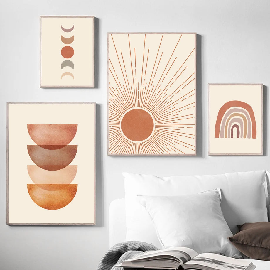 🖼️ Sun Moon Rainbow Leaf Geometry Wall Art – Abstract Canvas Prints for Bedroom & Living Room Decor