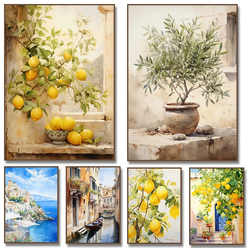 Greece-Inspired Mediterranean Wall Art – Lemon Olive Tree Canvas Painting