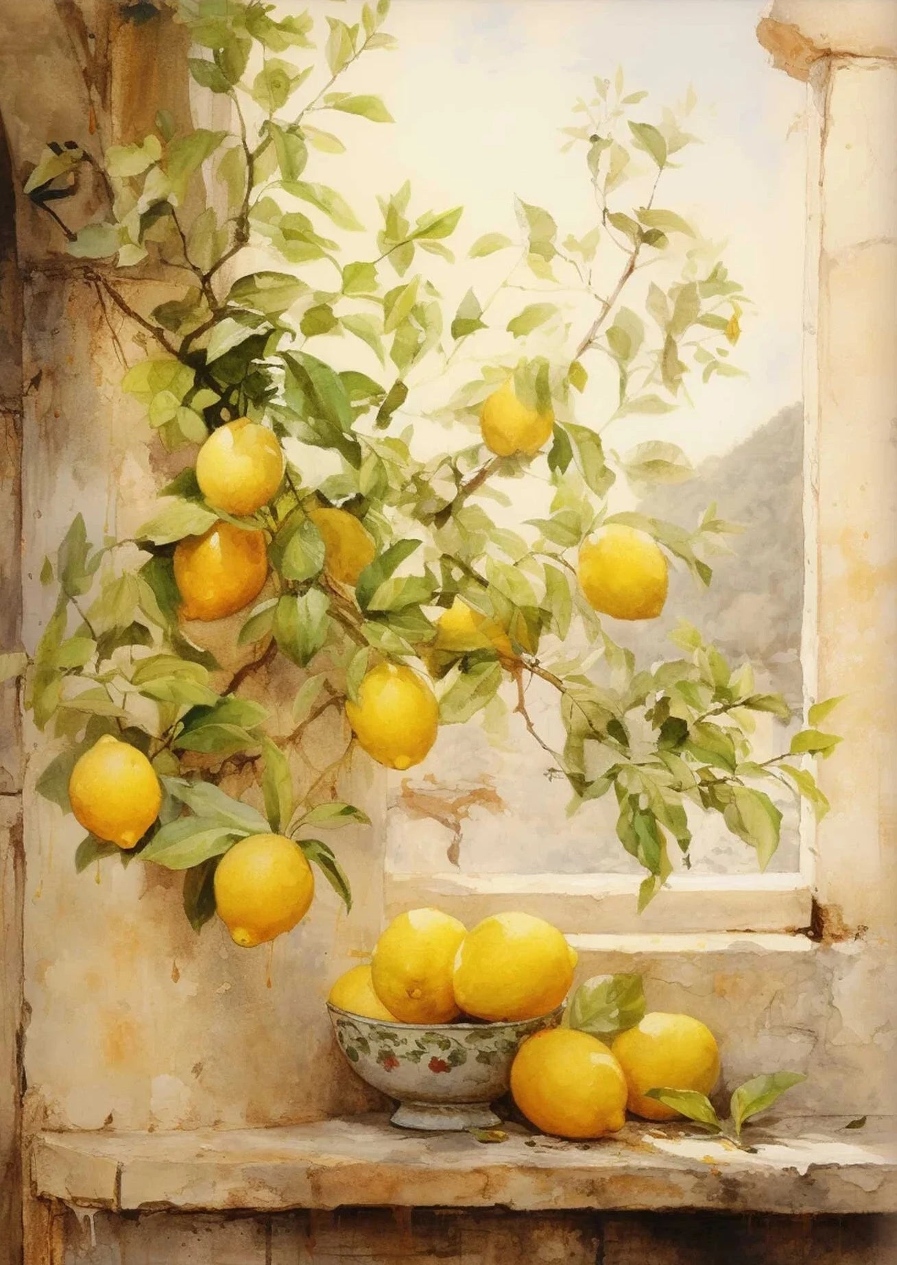 Greece-Inspired Mediterranean Wall Art – Lemon Olive Tree Canvas Painting