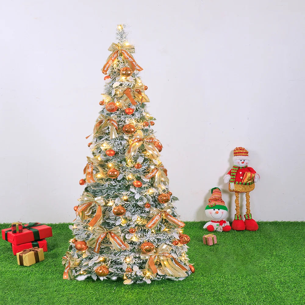 🎄✨ 1.5M Quick Setup Christmas Tree – Telescopic Flocking Tree with Lights | 4FT–6FT Folding Xmas Tree Holiday Decor ✨🎅