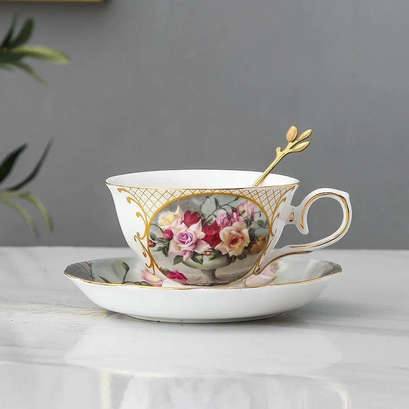 Ceramic Coffee Cup, Saucer & Spoon Set – European Porcelain Mug with Flower Design, Coffee & Tea Gift Set