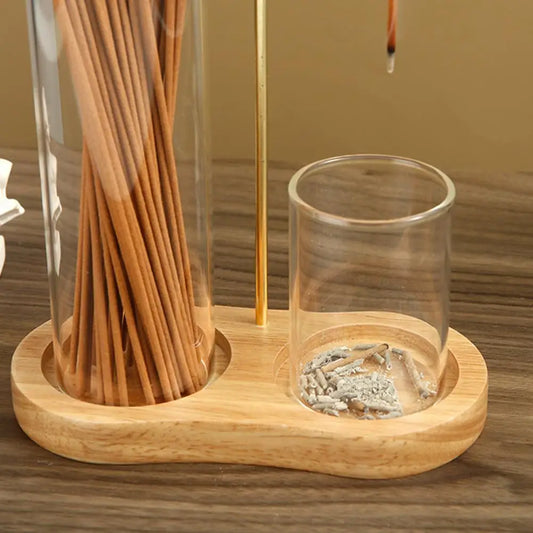 Glass Incense Stick Holder with Wooden Base – Heat-Resistant Ash Catcher for Home