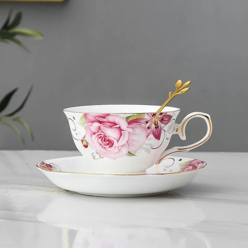 Ceramic Coffee Cup, Saucer & Spoon Set – European Porcelain Mug with Flower Design, Coffee & Tea Gift Set