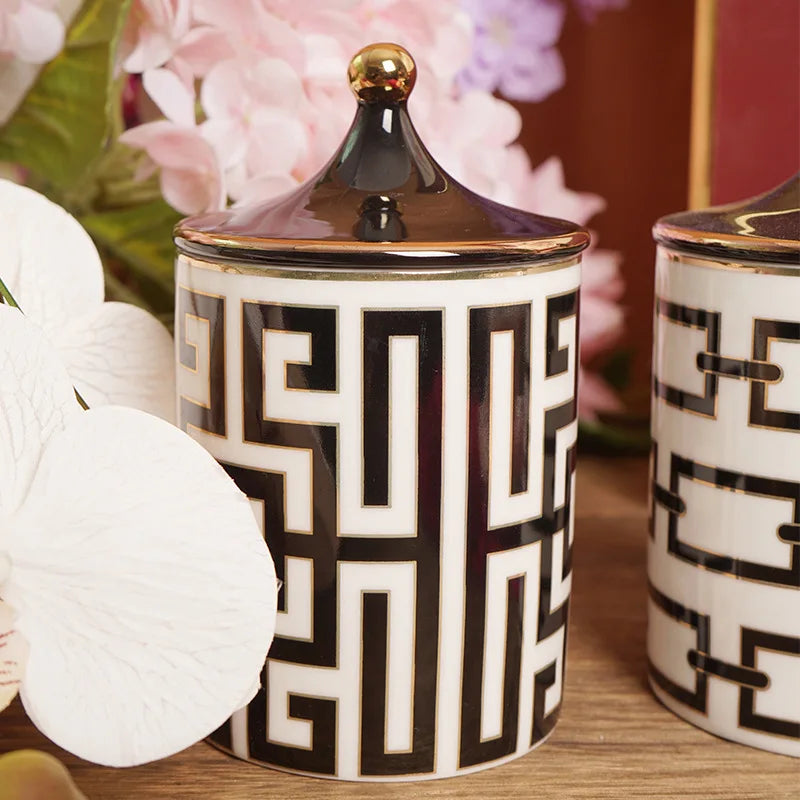Gold-Plated Stripe Ceramic Storage Jar – Elegant Candle, Candy & Jewelry Holder