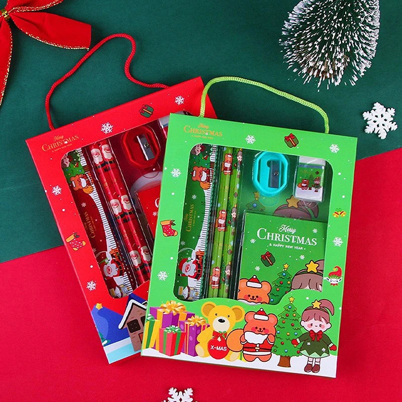 🎄📝 1 Set Christmas Stationery Set – Kids Cartoon Pencil, Eraser, Ruler, Memo Pad & Sharpener | School Supplies & Holiday Gift 🎅🎁