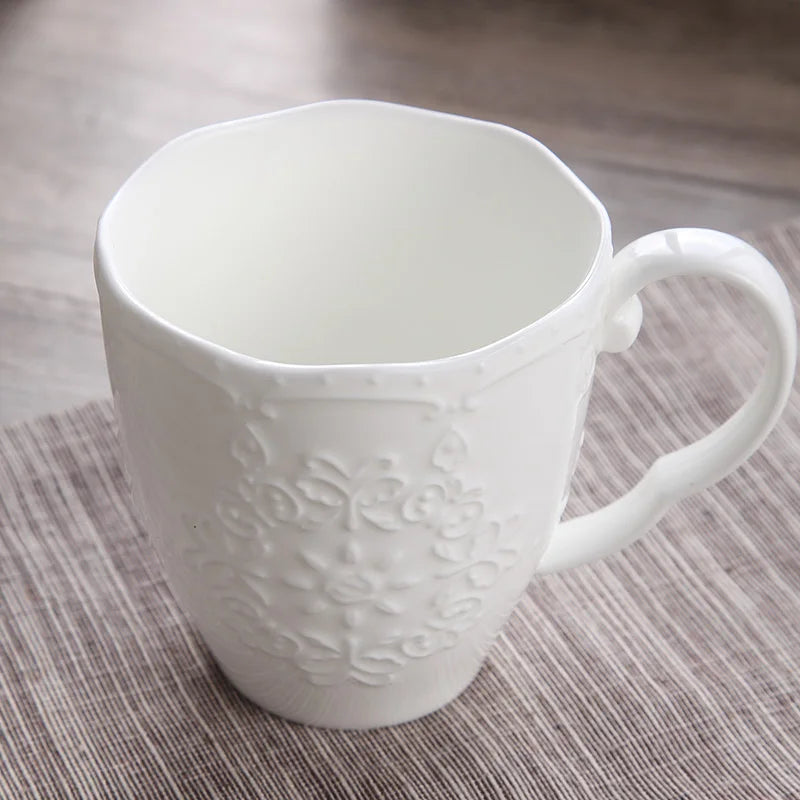 White Embossed Snow Mug – Cute Porcelain Coffee Cup for Christmas & Everyday Joy