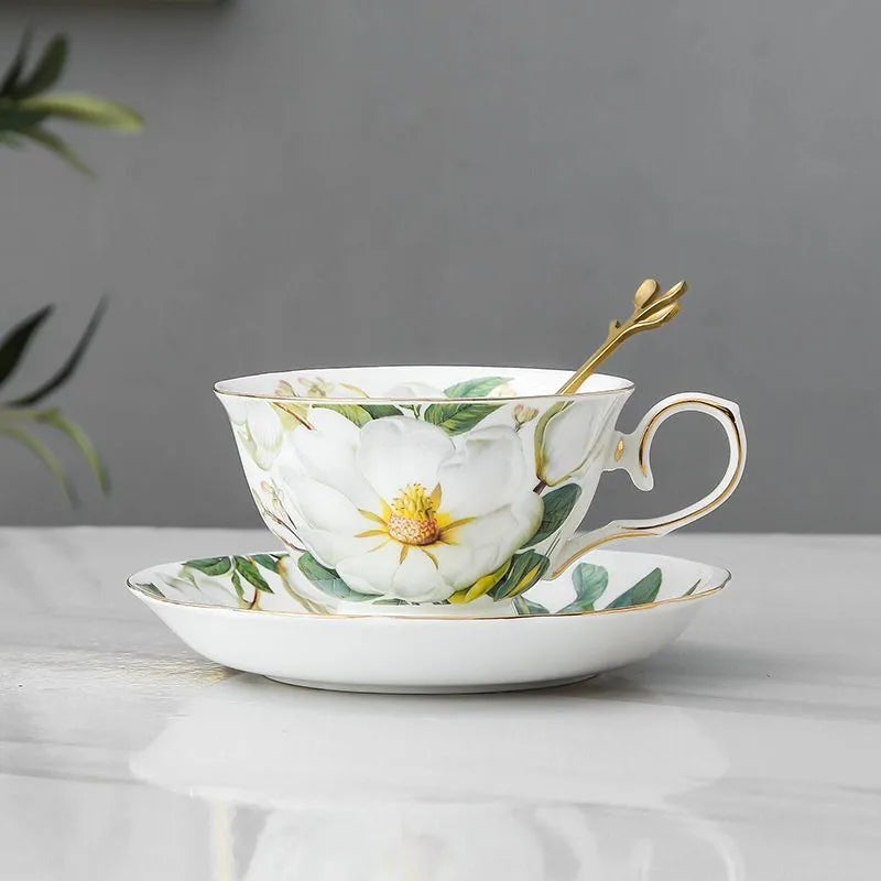 Ceramic Coffee Cup, Saucer & Spoon Set – European Porcelain Mug with Flower Design, Coffee & Tea Gift Set