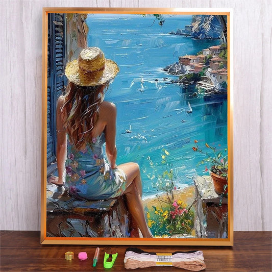 Seascape Cross Stitch Kit – Printed Canvas, Cotton Thread, DIY Embroidery Craft Set, Handmade Gift Idea