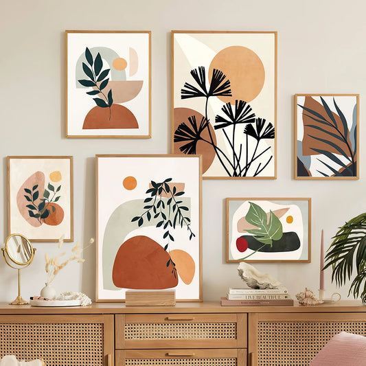 Boho Sun & Leaves Geometric Color Block Canvas Wall Art – Abstract  Poster Print for Living Room Decor"