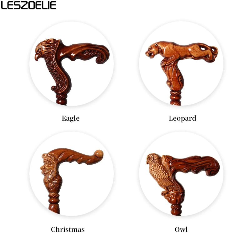 95cm Wooden Walking Stick –  Beech Cane with Leopard, Eagle-Head, Owl Handle – Fashionable Canes for Men & Women, Christmas Gift