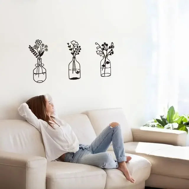 Set of 3 Black Metal Flower Wall Sculptures – Hanging Wall Art for Indoor Home, Kitchen & Bedroom